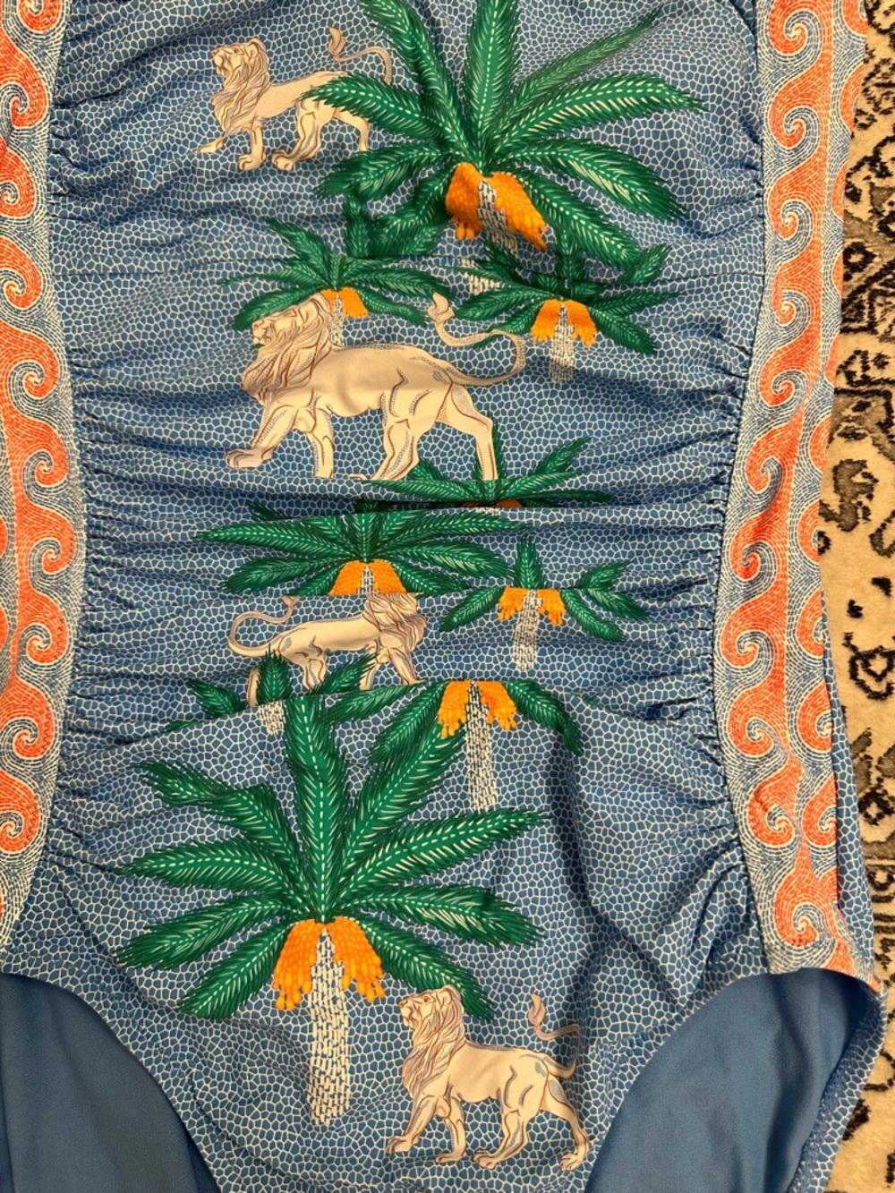 Johnny Was Paolita One Piece Swimsuit Blue Tropical Lion Print Ruched | Size L - Picture 3 of 5